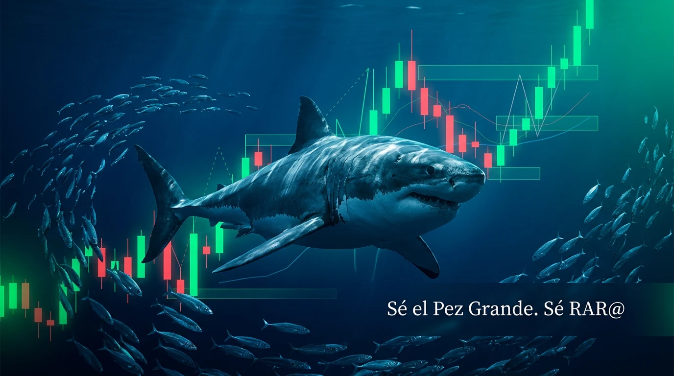 Portada del curso El Arte de Leer el Precio con un tiburón, peces pequeños y velas del mercado.